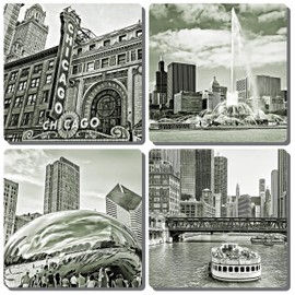 EXIT82ART - Stone Drink Coasters (Set of 4). Iconic Chicago. Sepia Toned, Tumbled Stone, Cork-backed.