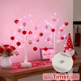 Valentines Day Decorations Birch Tree with Heart-Shaped Ornaments, Lighted Artificial Tree with 24 LED Pink&Red Lights, Light Up Tabletop Trees USB&Battery Operated for Home Indoor Table (2Pack 2Ft)