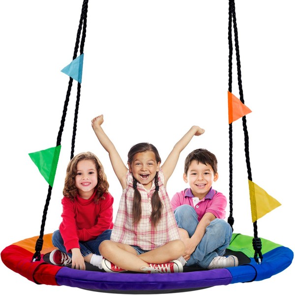 Sorbus Saucer Tree Swing in Multi-Color Rainbow – Kids Indoor/Outdoor Round Mat Swing – Great for Tree, Swing Set, Backyard, Playground, Playroom – Accessories Included (Round – 40”)