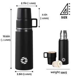 Healter 600ml Insulated Flask for Hot Drinks, Coffee Flask with Cup, Double Wall Water Bottle, Leakproof Lid for Adults, Gym & Outdoor(Black)