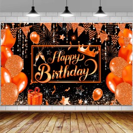Orange Happy Birthday Party Banner Backdrop, Orange and Black Balloons Large Banner Party Decorations Supplies for Men Women, Birthday Indoor Outdoor Sign Poster Background Decor 72X44 Inch
