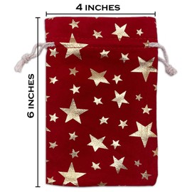 12-Pack 4x6 Red Velvet Gift Bags with Drawstring - (Gold Stars, Small) - Christmas Presents, Party Favors Pouches by TheDisplayGuys