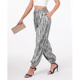 heipeiwa Women's Metallic Pleated Sequin Shiny Joggers Pants Party Club Wear Sweatpant Trouser