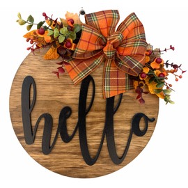 FALL WELCOME Wreath for Front Door Round Hanger Hello with OFFSET Plaid Ribbon Bow and Leaves Eucalyptus Sign 12" or 16" Wall Decor Wood Plaque White Gray Black 3D