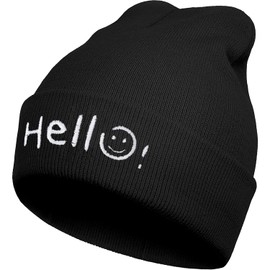 Nueasrs Cute Smiley Face Beanie Hats for Men and Women, Winter Warm Stretchable Slouchy Knit Hat, Funny Hello Cap Black