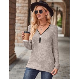 Gemulate Women's Long Sleeve Sweaters Tshirts Ladies Zip up Tops V Neck Jumpers Knitwear Sweatshirts Nutmeg Clothing For Women Khaki L