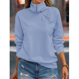 Womens Zipper Sweatshirt Turtleneck Long Sleeve Pullover Casual Loose Sweatshirts Top T Shirts Light Blue