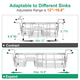 GSlife Expandable in Sink Small Dish Drying Rack - Stainless Steel Capacity Adjustable Over The Sink Dish Rack (12" -16.8"), Dish Drainer for Kitchen Sink Counter with Utensil Holder, Silver
