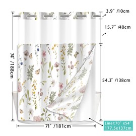 Mightree No Hook Shower Curtain Set with Snap in Fabric Liner for Bathroom,with See Through Top Window,Double Shower Curtain with Detachable Liner Replacement,Machine Washable,Floral,71x74inch