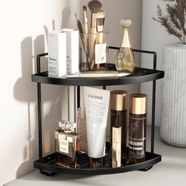 YIWANFW 2-Tier Bathroom Counter Organizer, Corner Bathroom Organizer Countertop, Black Iron Vanity Tray Counter Corner Shelf, Corner Organizer for Perfume Skincare Makeup Toiletries, Kitchen Storage