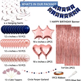 Happy Birthday Banner, Fringe Curtains, Confetti Balloons, Foil Heart & Star Balloons, Hanging Swirls – Princess Party Decor for Women & Girls (Rosegold Blue)