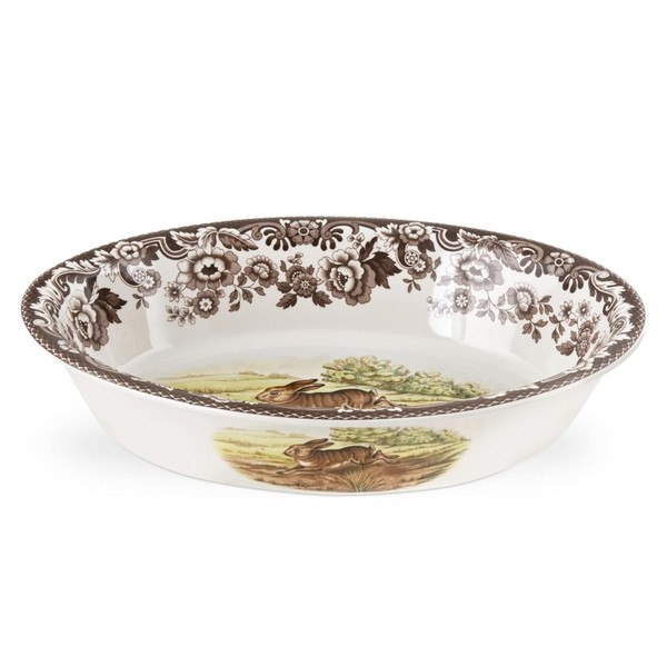 Spode Woodland Oval Rim Dish | Oval Shaped Serving Dish with a Rabbit Motif | Elegant Bakeware Made from Fine Porcelain | Microwave and Dishwasher Safe