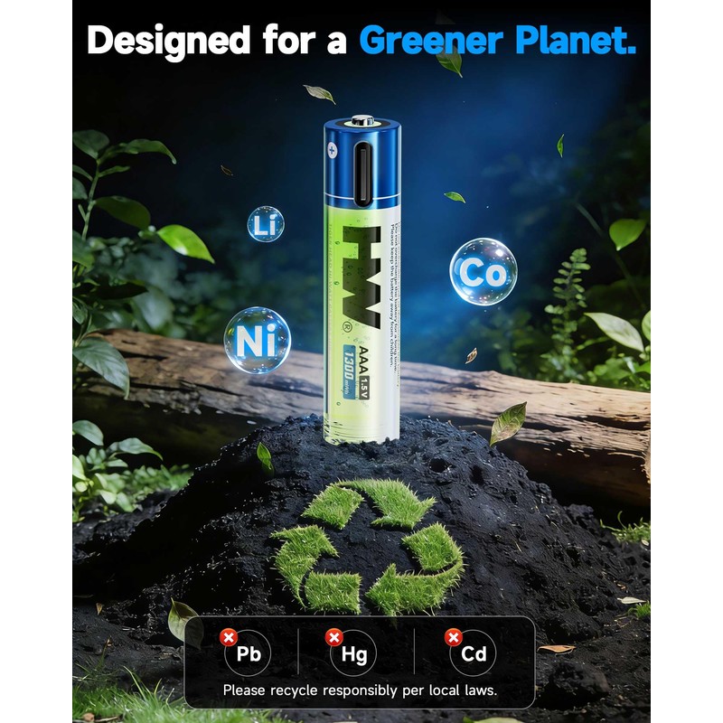 HW USB Rechargeable AAA Batteries, [1.5V, 4-Pack] 1300mWh Lithium Battery