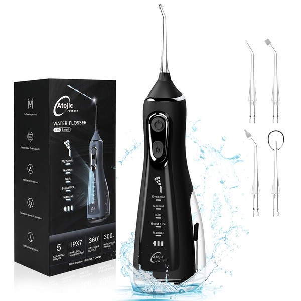 Water Flosser for Teeth, Atojie Professional Cordless 5 Modes Dental Oral Irrigator, Portable 300ML Rechargeable IPX7 Waterproof Powerful Battery Water Teeth Cleaner for Home and Travel