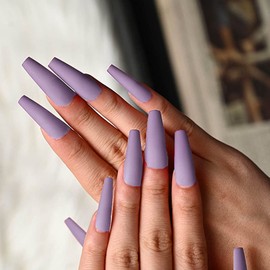 Bufenia Matt Pure Colourful False Nails Long Ballerina to Press on Nails Coffin Full Cover False Nails for Women and Girls, Pack of 24 (Purple)