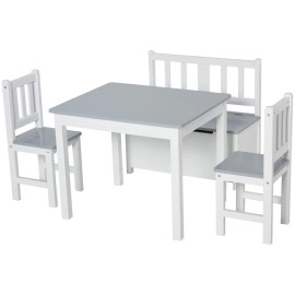 Qaba 4-Piece Childrens Table Set with Kids Storage Bench - Grey