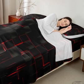 Manfei Abstract Sheet Set Queen Size, Modern Geometric Square Grid Bedding Set for Kids Boy Girl Room Decor, Red and Black Bed Sheet Set 4pcs with Deep Pocket Fitted Sheet + Flat Sheet + 2 Pillowcases