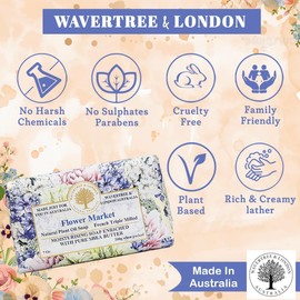 Wavertree & London Flower Market Natural Scented Soap Bar – Made in Australia, French Triple Milled, Moisturizing Shea Butter Bath Soap, Vegan, 7 oz