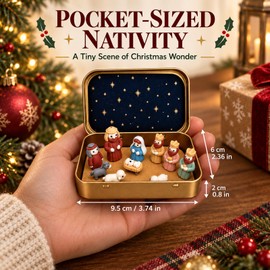 Mini Nativity Set in a Tin Box, Christmas Jesus Scene Figures Sets, Small Handcrafted Holy Family Ornaments Decor, Miniature Religious Bethlehem Stocking Fillers Xmas Gift for Home Indoor Decoration