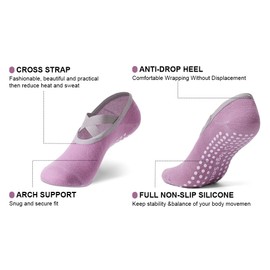 4 Pairs Non-Slip Socks for Women Yoga Pilates Socks with Strap Yoga Socks for Girls Ballet Dance Barfootball Gymnastics, Black, grey, blue, purple