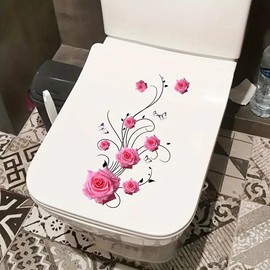 Rose Flower Branch Toilet Cover Sticker Decals,Spring Rose Flower Waterproof Toilet Lid Tank Seat Decals Cistern Self-Adhesive Bathroom Wall Sticker