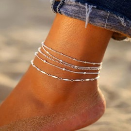 Clataly 5 Pieces Anklets Beaded Chain Anklet Boho Multi-layered Anklet Bracelets Beach Foot Chain Jewelry for Women (Silver)