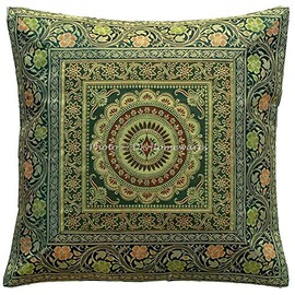 DK Homewares Decorative Couch Decorative Cushion Cover 40 x 40 cm Dark Green Brocade Jacquard Weave Cushion Covers Decorative Zip Mandala Square Pillowcase - 1 Piece (Cover Only)
