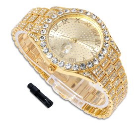 richhut Luxury Diamond Watch for Kids Teen - Iced Out Bling 18K Real Gold Plated - 43mm Round Dial Strap 8" - Adjuster Tool Included
