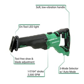 Metabo HPT Cordless Reciprocating Saw | Tool Only | No Battery | 3-Mode Selector W/Auto Mode | Tool-Less Blade Changing System | Large Rafter Hook | Lifetime Tool Warranty | Brushless | CR18DBLQ4