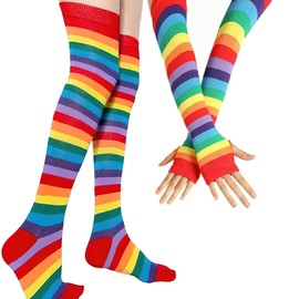 AUOCATTAIL Womens Rainbow High Socks Gloves Set Over Knee Striped Socks Rainbow Dash Cosplay Accessories for Girls