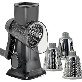 LacusMare Rotary Cheese Grater with 3 Blades for Slicing, Coarse Grating & Fine Shredding, Graters for Kitchen with Stable Suction Base, Vegetable Slicer for Cucumber, Carrot, Potato, Nuts (Gray)