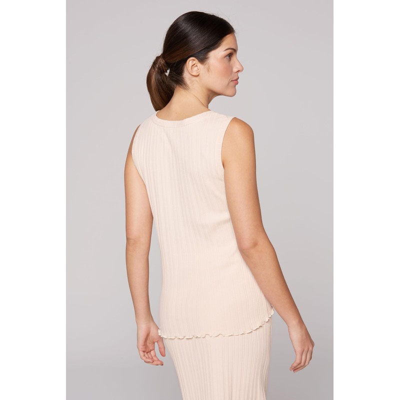 SOCCX Women's Buttoned Ribbed V-Neck Top, Milky Beige, XS