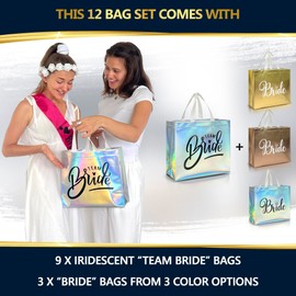 Nush Nush Set of 12 Reusable Iridescent Bridesmaids Gift Bags In Bulk With 3 x Bride and 9 x Team Bride Party Bags - Wedding Favors, Bachelorette Party, Bridesmaid Gifts, Bridal Shower- 11" x 5" x13"