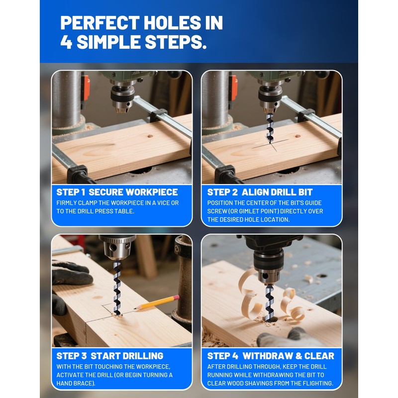 HIPULX 12" Auger Drill Bit Set for Wood, 6Pcs 1/4"