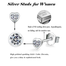 Sterling Silver Stud Earrings for Women Men Girls- 2 Pairs of Tiny Heart Shaped Cubic Zirconia Earrings Small CZ Cartilage Tragus Earrings(4mm/4mm)