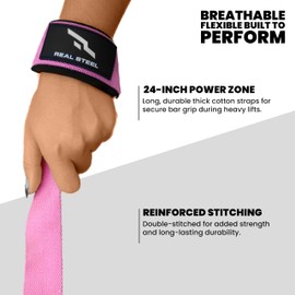 Real Steel Lifting Wrist Straps for Weightlifting - 24" Cotton Weight Lifting Straps for Men and Women for Deadlifts, Bodybuilding, Powerlifting - Padded Neoprene Gym Hand Grips - Pink