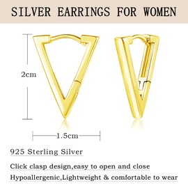 Cangall Silver Hoop Earrings for Women, 925 Sterling Silver Triangle Shaped Hoop Earrings, Fashion Unisex Small Gold Triangle Hoop Earrings, Hypoallergenic Cartilage Sleeper Gold Earrings for Girls