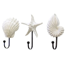 Sea Shell Wall Hooks, Vintage Coat Hooks in Shell Look, Wall Hooks with Starfish Shell Motif, Resin Towel Hooks, Maritime Wall Decoration, Coat Hooks for Home Decoration, Pack of 3