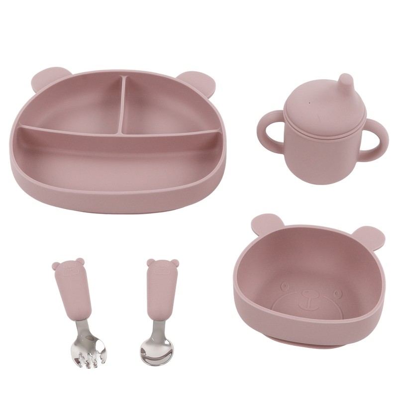 5pcs Baby Feeding Kit Food Grade Silicone Bear Design Plate