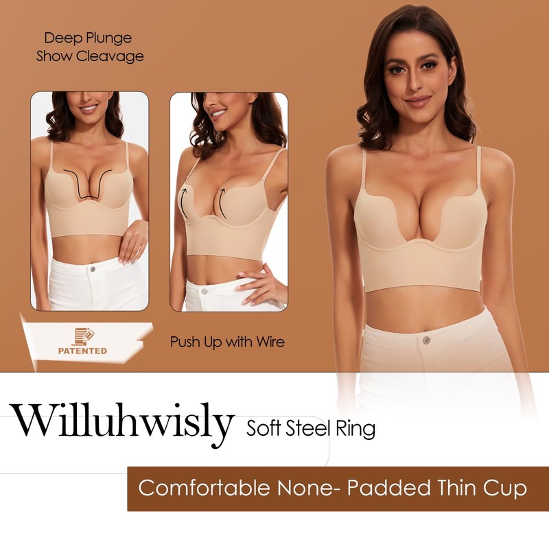 Willuhwisly Women Low Back Bra-Multiway Deep U Plunge Seamless Backless