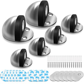 6 Pack Door Stoppers, Magnetic Floor Door Stops for Bottom of Door with Rubber Bumper, Stainless Steel Brushed Satin, Magnetic Door Holder Doorstop, Silver