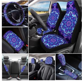 Yspwyqan 21 Pack Mandala Car Seat Cover Full Set Purple Auto Interior Accessories with Elastic Steering Wheel Cover,Seat Belt Pad,Armrest Cushion,Trash Can,Key Chain Gift for Friends