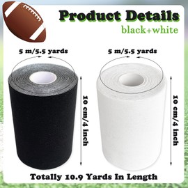 2 Rolls Football Turf Tape,10.9 Yards Sports Extra Wide Athletic Arm Tape,Ultra Sticky Sport Tapes Protect Elbows from Scraping Burn(Black,White)