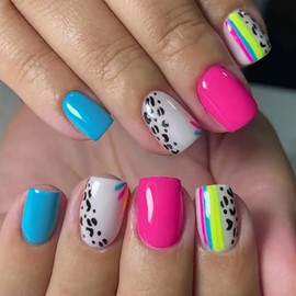 24Pcs Summer Press On Nails Short Square Fake Nails Colorful Line With Leopard Print Design Pink False Nails Blue Glue On Nails Full Cover Artificial Acrylic Stick On Nail For Women