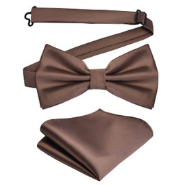 Mens Silk Brown Bow Tie and Pocket Square Set for Wedding Solid Plain Pre-tied Adjustable Tuxedo Bow tie Handkerchief (BB01-22)