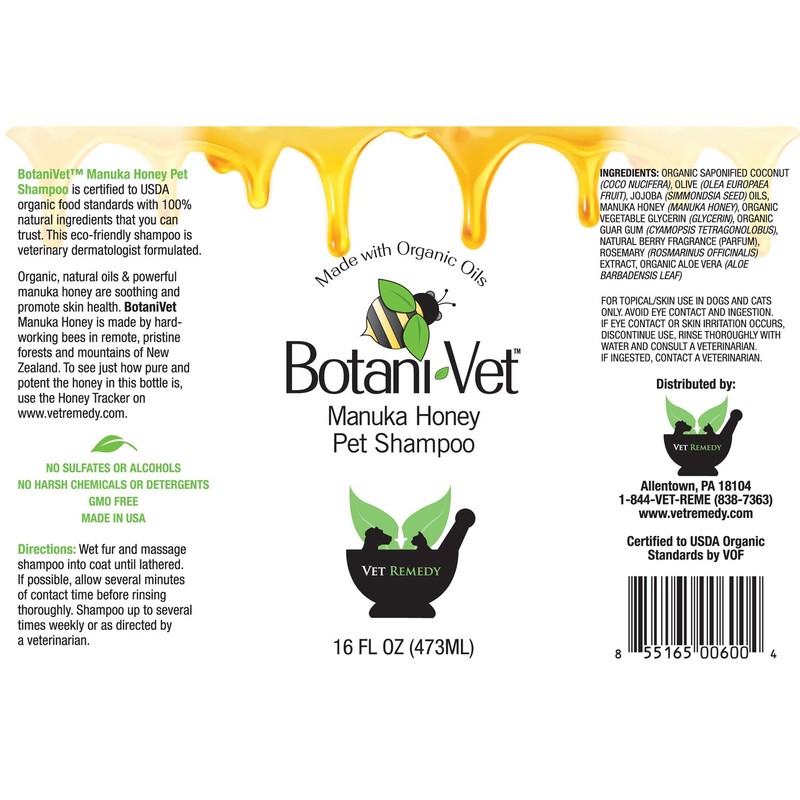 BotaniVet Certified Organic Manuka Honey Pet Shampoo 16 Oz -