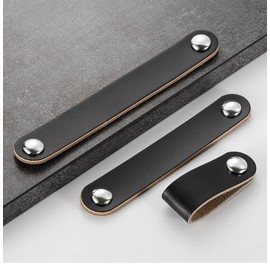 Qrity Pack of 8 Leather Knobs Cabinet Leather Loop Handle Furniture Handles Leather Cabinet Handles 96 mm Black