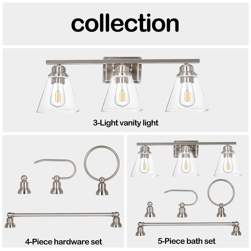 hykolity 3-Light Vanity Light Fixture, 5-Piece All-in-One Bathroom Set (E26