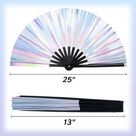 JOHOUSE Large Folding Fan, 13 Inch Glitter Rave Hand Fan Holographic Laser Color Handheld Fan for Rave Outfits Accessories, Music Festival, Crazy Club Party, Dance for Men Women, White