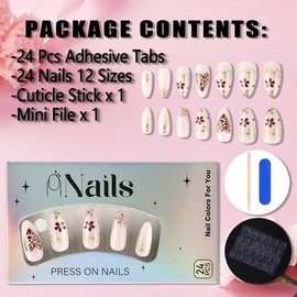 24Pcs Valentines Press on Nails Medium Almond Nails French Tips Fake Nails with Glue Flowers Heart Acrylic Nails Design Valentines Day False Nails Stick on Nails for Women and Girls DIY Manicure
